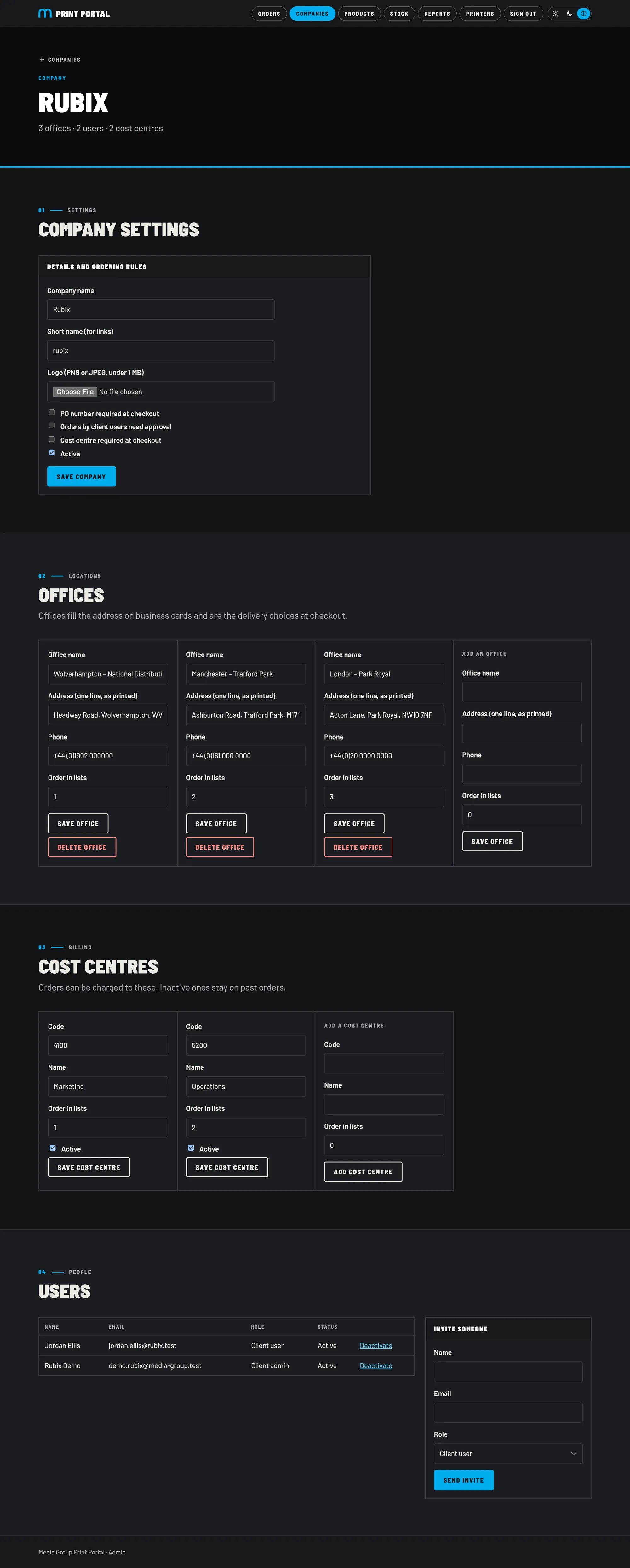 A client's settings page