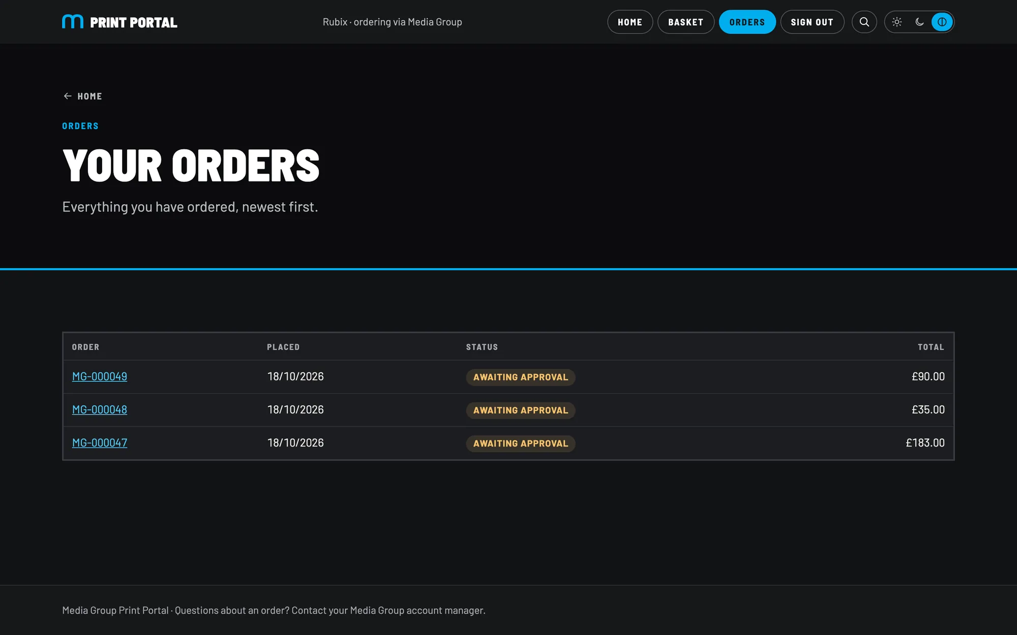 The orders list