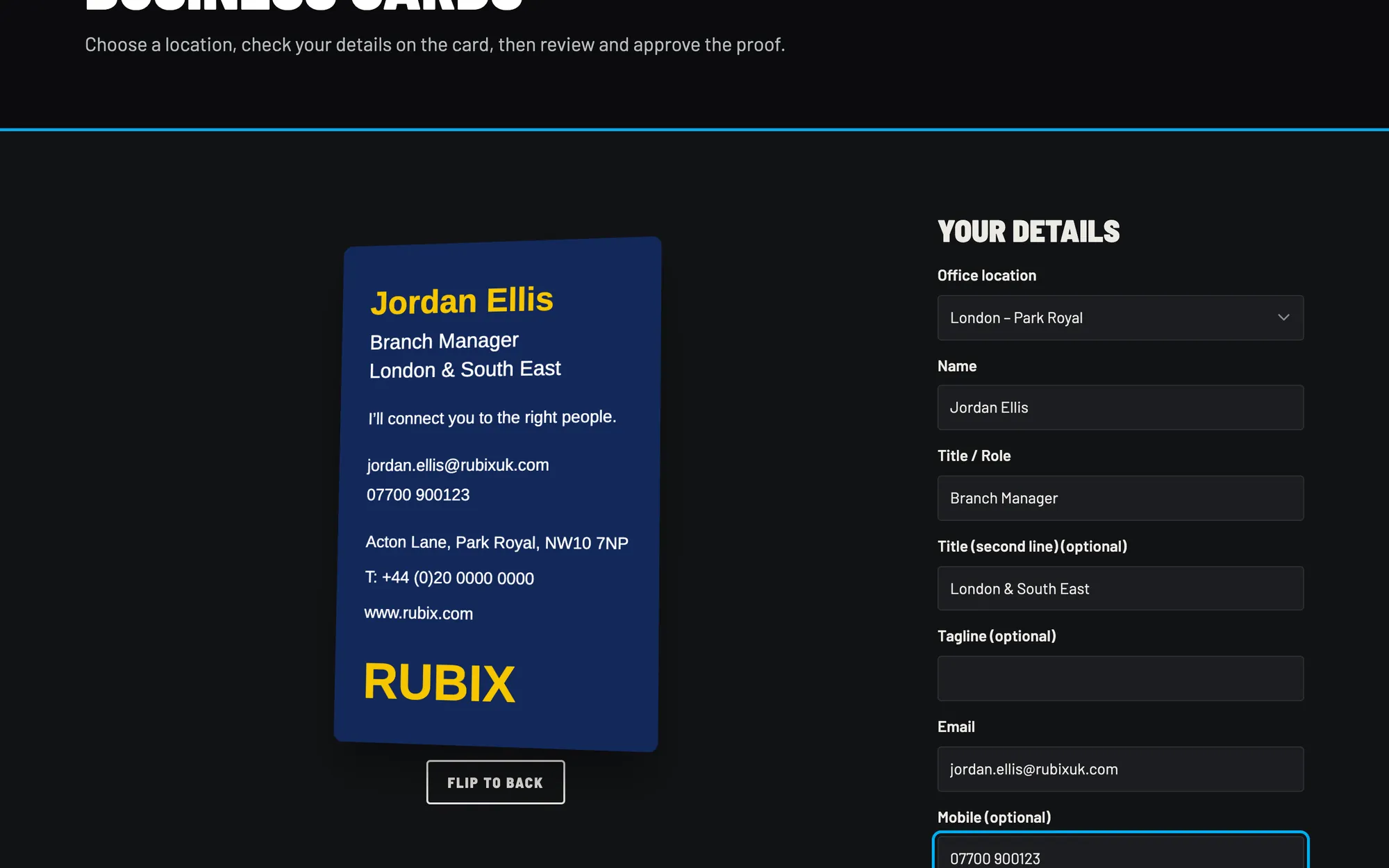 The business card editor with a live 3D preview